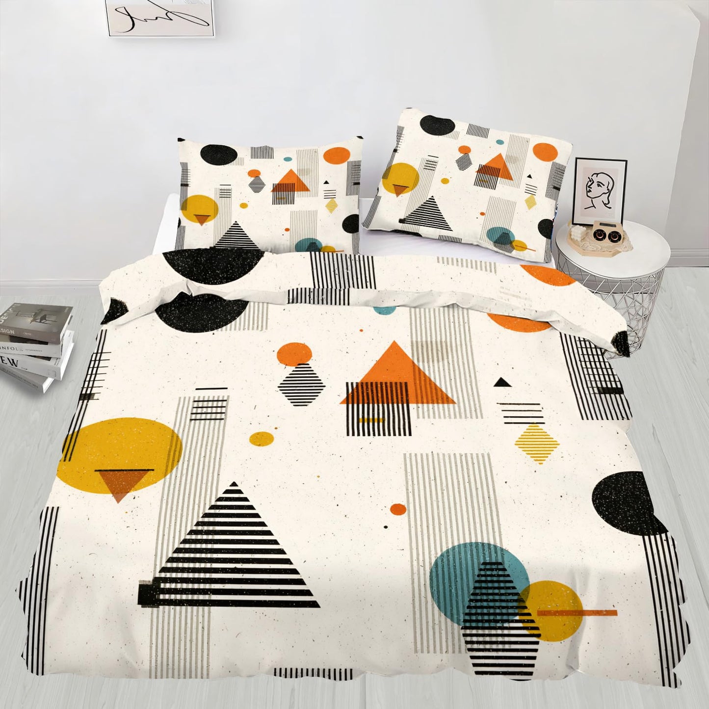 QINYUN Middle Ages Abstract Duvet Cover Queen Size, Retro Beige Bedding Set 3 Piece Bedroom Decor Modern Minimalism Patterned Comforter Cover with Zipper Ties & 2 Pillowcases