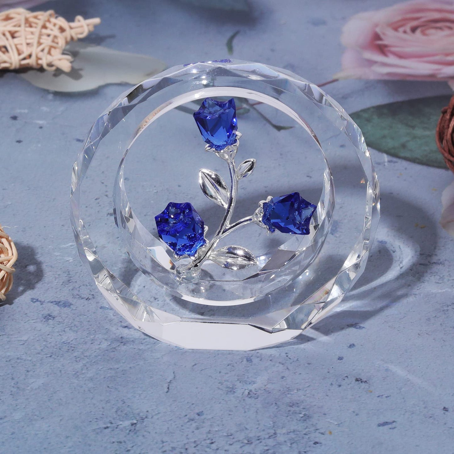 LONGWIN Crystal Tulips Flower Figurines with a Outer Circular Ring, Glass Spring Bouquet Collectible Figurines Home Decor Cobalt Blue