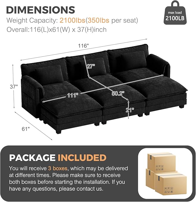 ELUCHANG 116" Luxury Modular Sectional Sofa, Comfy Deep Seat Cloud Couch