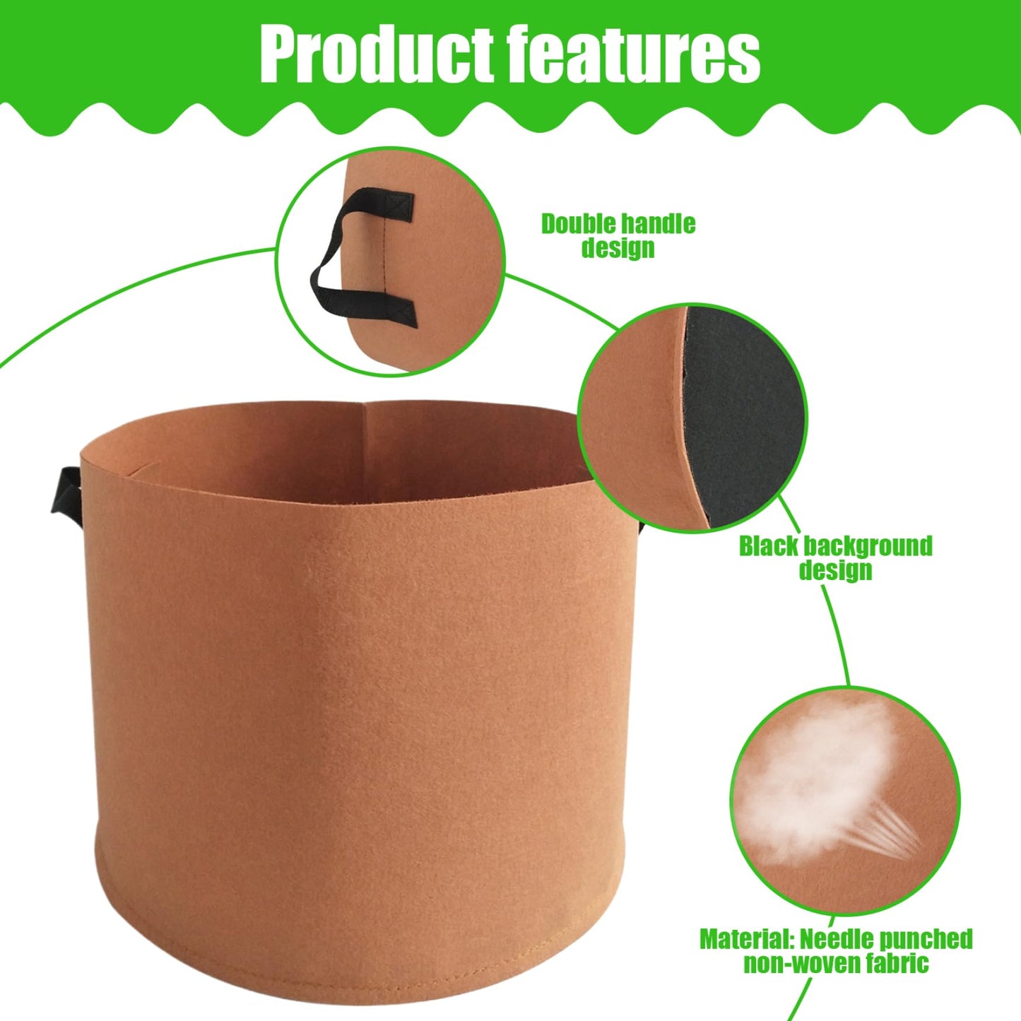 Pesoncarl Planting Bags, Grow Bags, 5PCS 15 Gallon Plant Grow Bags, Non-Woven Grow Bags with Reinforced Handles Fabric Pots for Planting Vegetables, Fruits 19.7x11.8 Inch