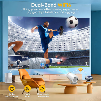 Smart Mini Projector WiFi6 Bluetooth 5.0 XGODY Gimbal 3 Protable Projector 12000L Support 4K with Android TV 11.0, Auto Keystone Correction Video Projector, 180°Rotatable Stand for Home Movie（White）