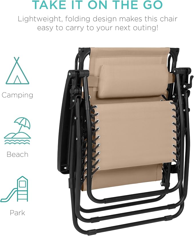Best Choice Products 30” Wide Folding Zero Gravity Outdoor Recliner Patio Lounge Chair w/Adjustable Canopy Shade, Headrest, Side Accessory Tray - Beige