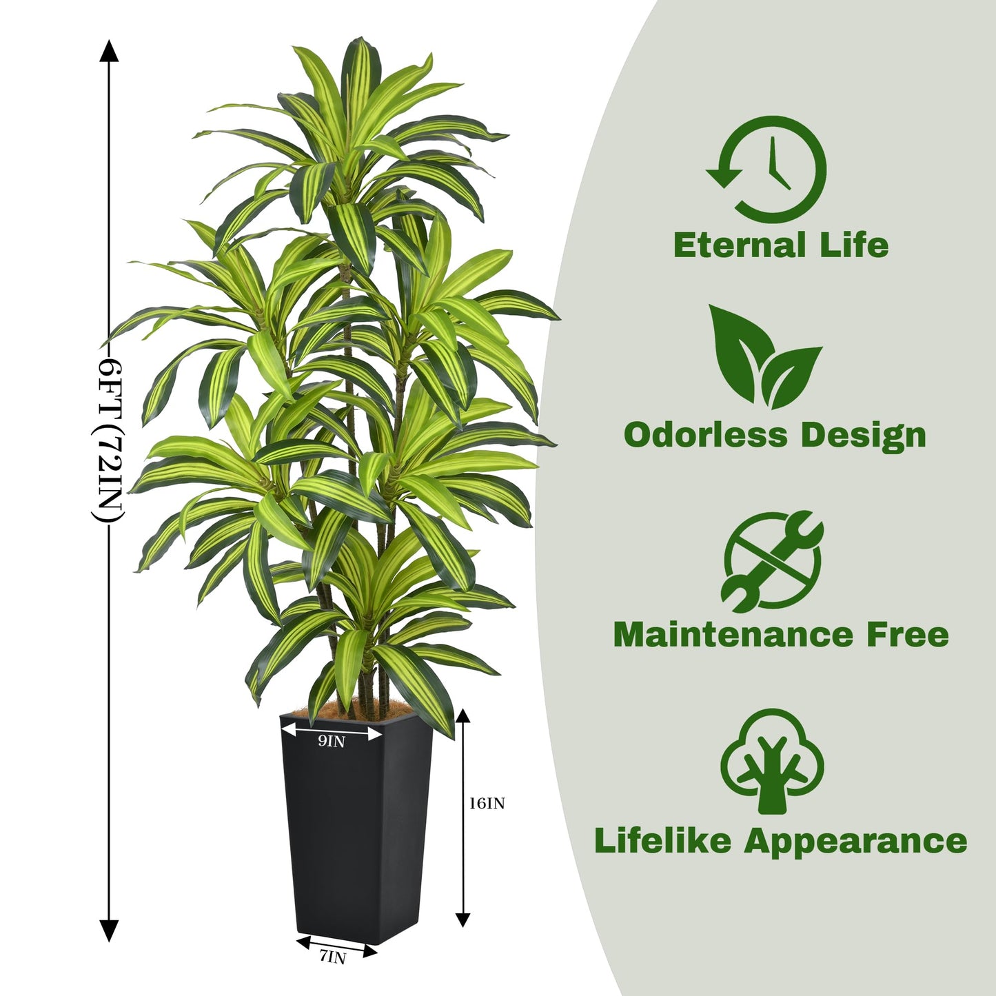 Artificial Dracaena Tree 6FT(72in) Tall Fake Silk Yucca Tree with Black Planter, Faux Floor Potted Artificial Plants for Home Office Living Room Indoor Decor (6feet,Tall Pot)
