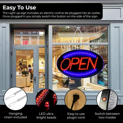 Jumbo 24" x 13" LED Neon Sign with Motion - "Open" (Red/Blue) B30