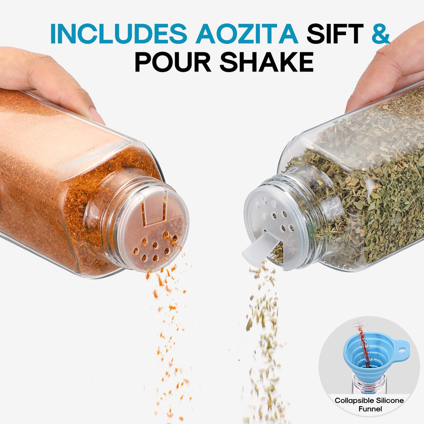 AOZITA 14 Pcs Glass Spice Jars with Spice Labels - 4oz Empty Square Spice Bottles - Shaker Lids and Airtight Metal Caps - Chalk Marker and Silicone Collapsible Funnel Included