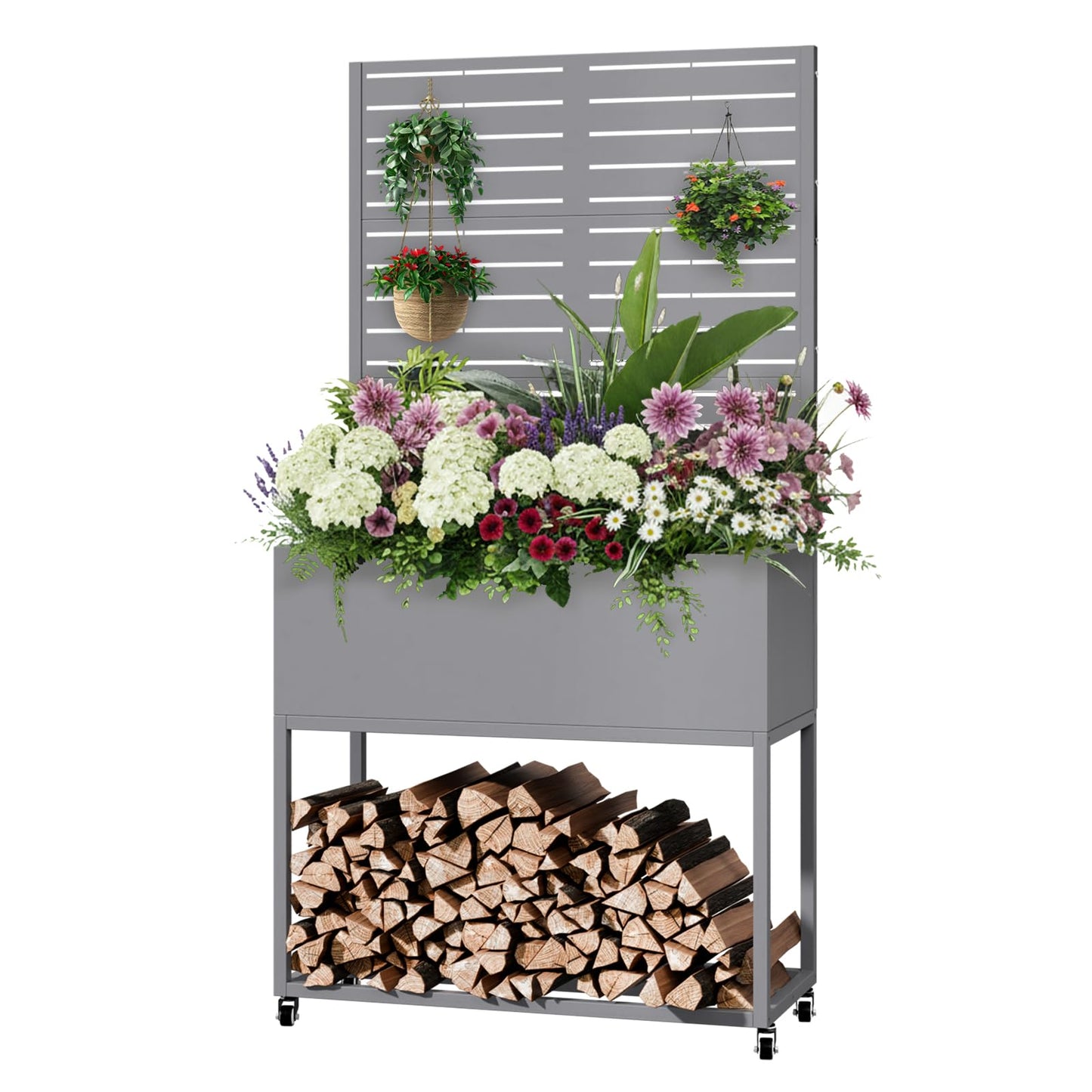 Metal Planter Box with Trellis, 3 in 1 Raised Garden Bed with Trelli & Firewood Rack, Privacy Planter Screen for Climbing Plants, Vine, Outdoor Garden Standing Beds with Drainage Holes, Wheels,Grey