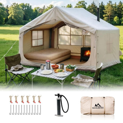 10'x 8' Inflatable Camping Tent,4 Season Blow up Tents for Camping, Large Inflatable Tent 6-8 Person, Glamping Inflatable Hot Tent with Stove Jack & AC Vent Outdoor Camping
