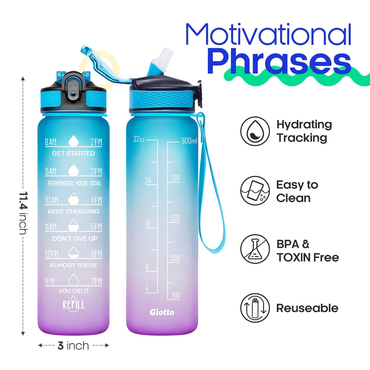 Giotto 32oz Large Leakproof BPA Free Drinking Water Bottle with Time Marker & Straw to Ensure You Drink Enough Water Throughout The Day for Fitness and Outdoor Enthusiasts-Ombre Green Purple