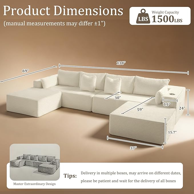 138" Cloud Sectional Couch, Comfort U Shaped Sofa