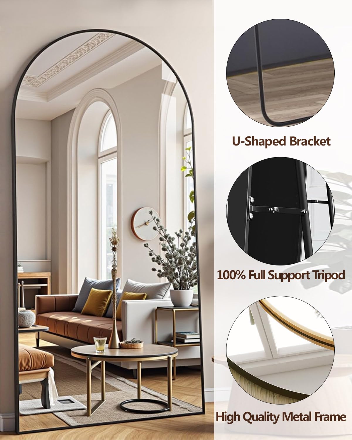 DMWOODFL 71"x30" Arched Full Length Mirror - Extra Large Floor & Wall Mounted with Stand, Shatterproof Glass, Aluminum Frame for Bedroom, Living Room, Entryway (Black)
