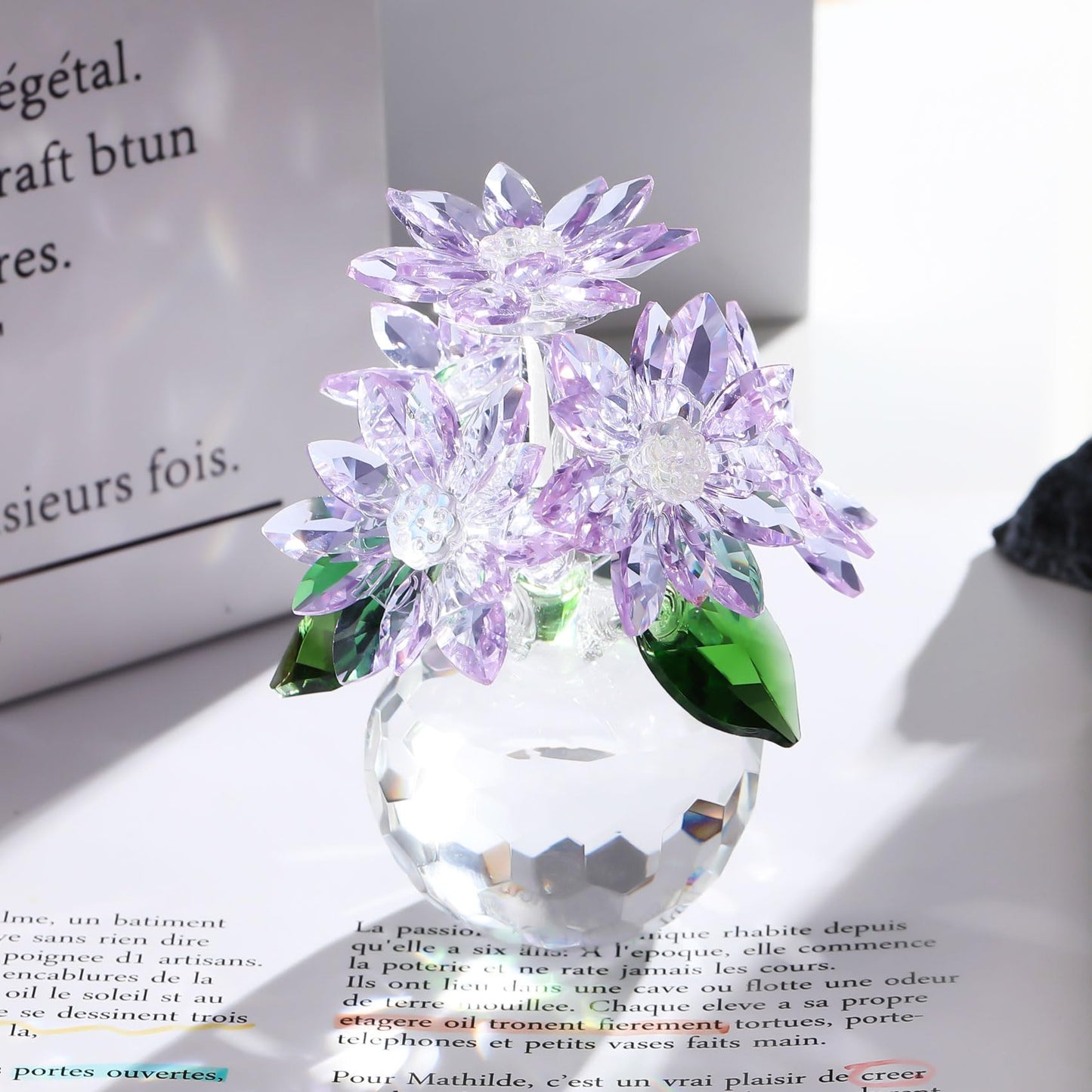 YWHL Purple Crystal Flower Figurines Decor, Beautiful Glass Flower Statue with Crystal Stand, Art Collectible Figurine Gifts for Wife Girlfriend