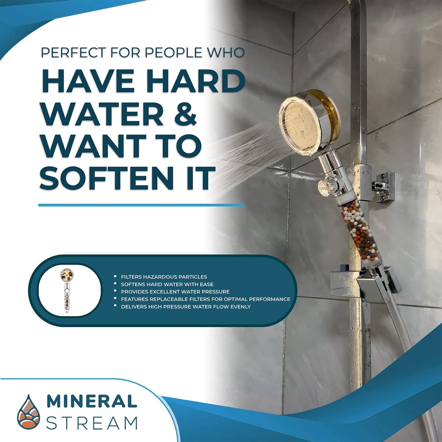 Turbo High Pressure Handheld Shower Head by MineralStream with Mineral Stones for Filtration | Perfect for Dry Hair & Skin | 360 Degree Spin Showerhead for Spa like Experience at Home