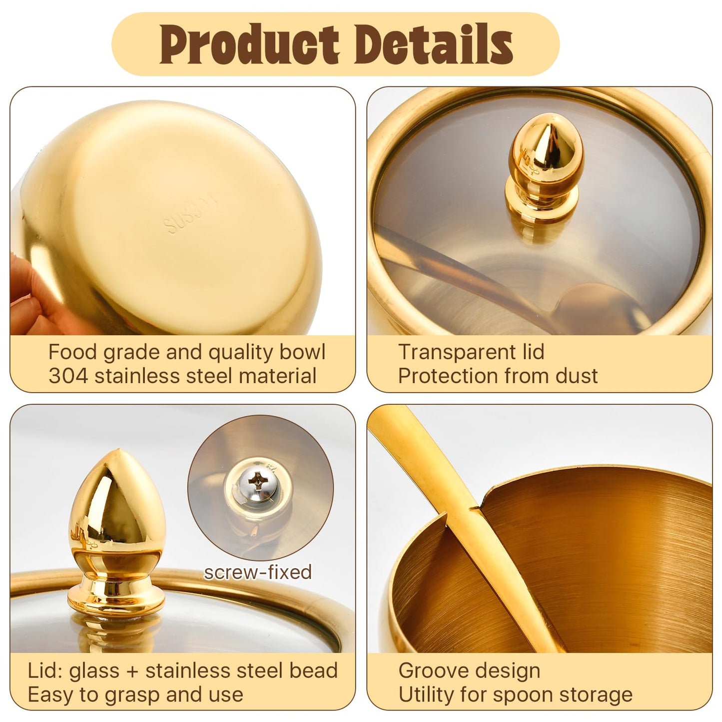 Akamino Set of 3 Stainless Steel Sugar Container with Glass Lid and Spoon, Gold 10oz Seasoning Jar Condiment Pots with Serving Tray, Kitchen Canisters Set for Pepper, Salt, Spice, Candy