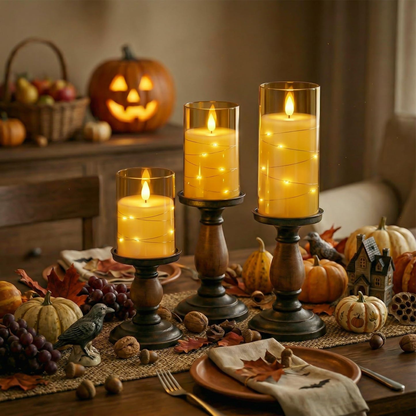 Amagic Flameless Candles, Flickering Battery Operated Candles Embedded Fairy String Light, Realistic Pillar Candle with Remote Control and Timer, Acrylic Amber Gold, Set of 6, D3 x H4 5" 6"