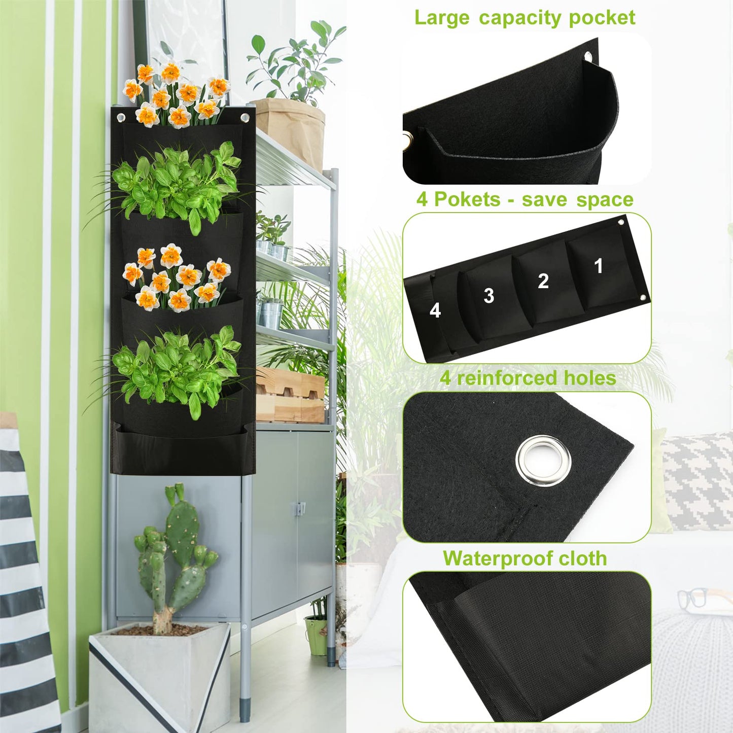 Cosmos Hanging Wall Planter with 4 Pockets Vertical Garden Planter Wall Mounted Flower Pouch Plant Growing Bag Garden Tools Storage Bag for Outdoor Decor