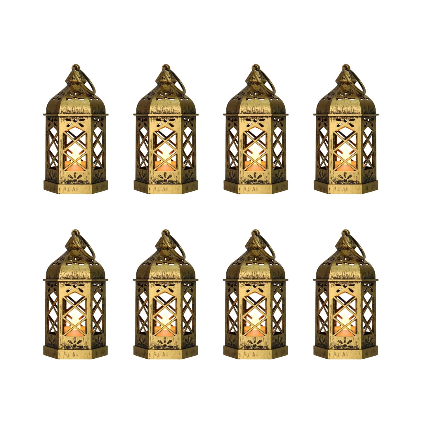 Reperla 8-Pack Mini Lanterns with Flickering LED Candles for Ramadan, Small Decorative Hanging Lanterns for Halloween, Christmas, Wedding, Gold Lantern for Table Centerpiece, Garden Party Decor