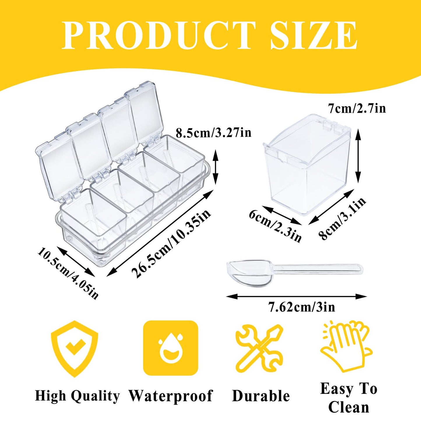 Tobeelec 4 Pcs Clear Seasoning Box with Spoons, 16 Pcs Kitchen Clear Seasoning Rack Spice Pots Spice Storage Containers Condiment, Transparent Spice Jars with Cover for Salt Candy Cruet Sugar