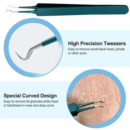 Pimple Popper Tool Kit Blackhead Remover Tools (5 Piece Kit), Professional Stainless Black Head Remover for face, Risk Free Treatment Pimple Extractor with Tweezers