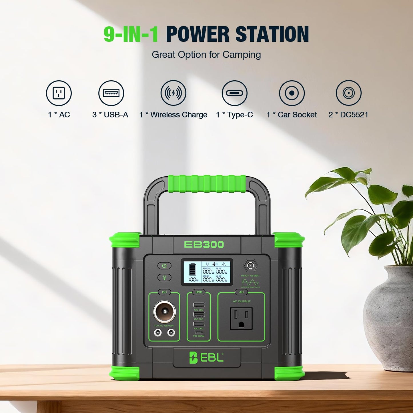 EBL Portable Power Station 288.6Wh 330W Solar Generator Pure Sine Wave AC Output (600W Peak) with 5W Wireless Charger, SOS LED Light & Multi-Port Design for Camping Home Emergency RV CPAP