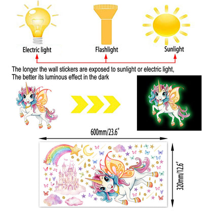 Glowing Unicorn Wall Stickers Unicorn Castle Wall Stickers with Rainbow, Butterflies, Clouds, Moon, and Stars Removable Wall Decorations Suitable for Bedroom, Classroom, and Playroom Wall Decor