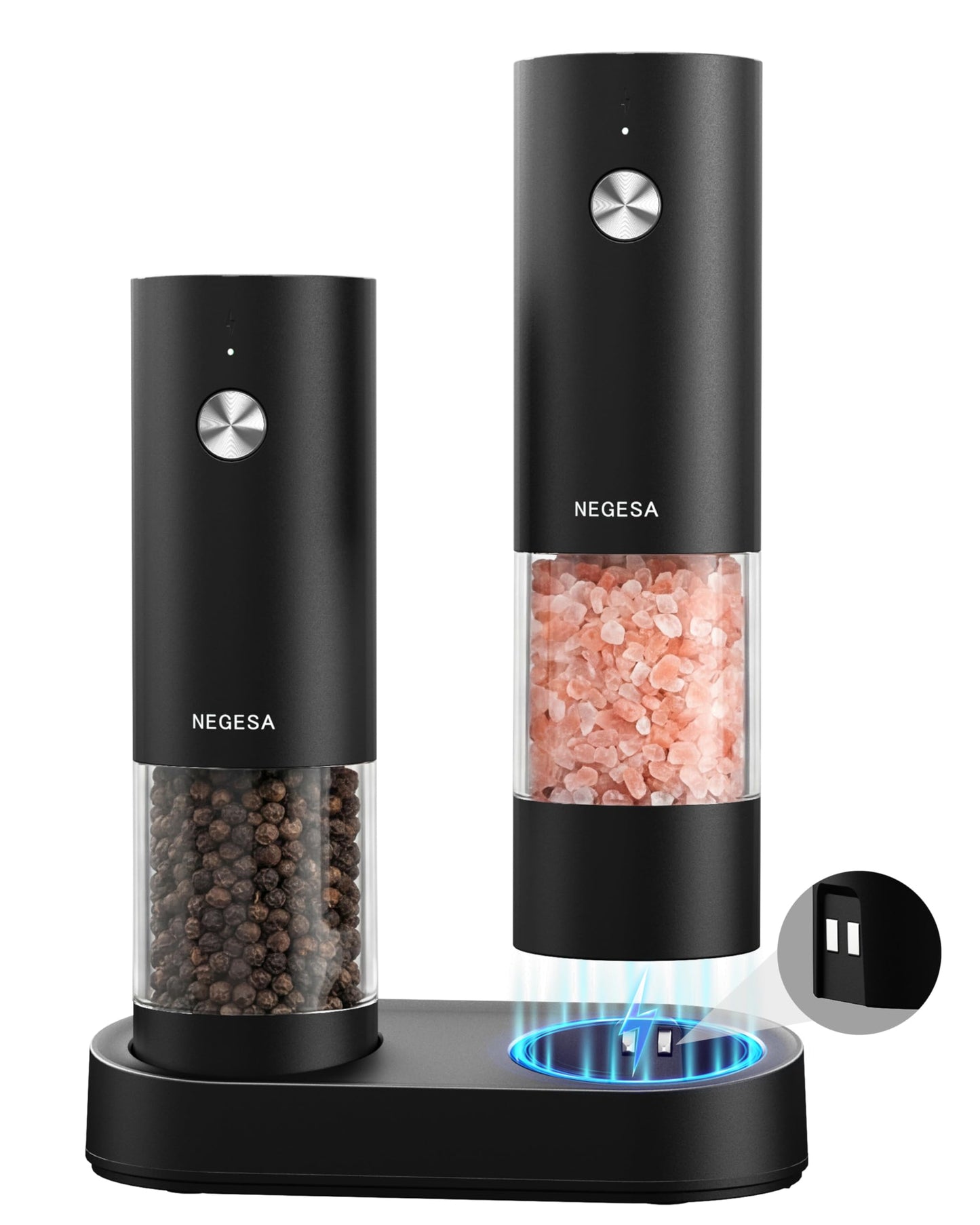 Electric Salt and Pepper Grinder Set, Rechargeable USB Base, Automatic One-Hand Operation, 6 Adjustable Coarseness, 140ml Capacity, LED Light, Refillable for Kitchen, Housewarming Gift