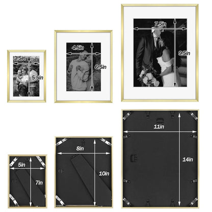 Frametory, Gold Aluminum Picture Frame with Removable Mat - Set of 7 Includes Four 5x7, Two 8x10, One 11x14 - Real Glass Front - Simple Gallery Wall Frames for Art Prints and Posters