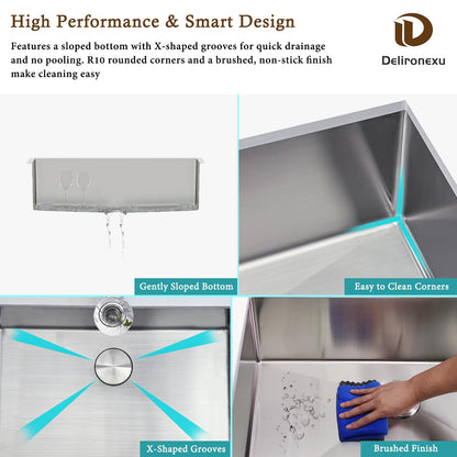 30 Inch Undermount Kitchen Sink - Delironexu 18 Gauge Stainless Steel Single Bowl Kitchen Sinks 30"x18"x9" Handmade Design with Brushed, Includes Drain Kit (No Additional Accessories)