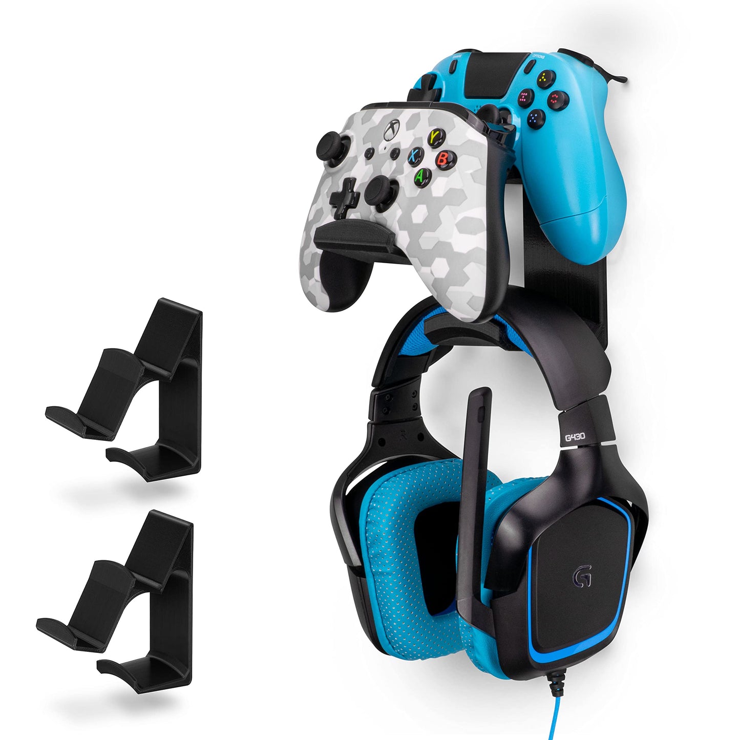 The UberAtlas Dual Game Controller & Headphone Stand Wall Mount Holder for Xbox ONE, Series X, PS5, PS4, PS3, Switch, STEELSERIES Gamepad & More, Stay Organized No Screws, by Brainwavz (Two Pack)