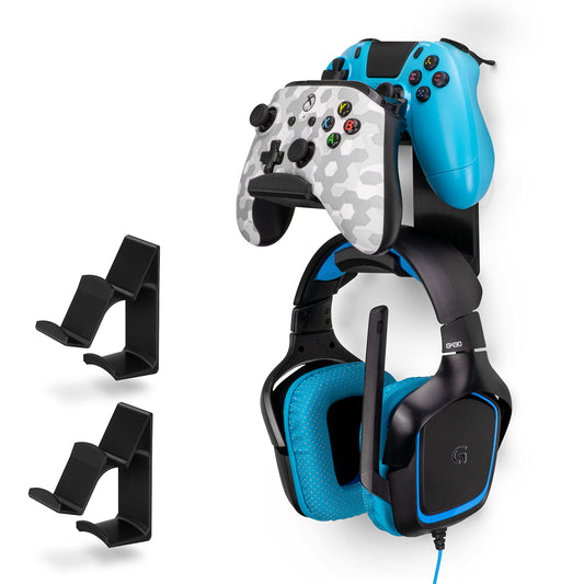 The UberAtlas Dual Game Controller & Headphone Stand Wall Mount Holder for Xbox ONE, Series X, PS5, PS4, PS3, Switch, STEELSERIES Gamepad & More, Stay Organized No Screws, by Brainwavz (Two Pack)