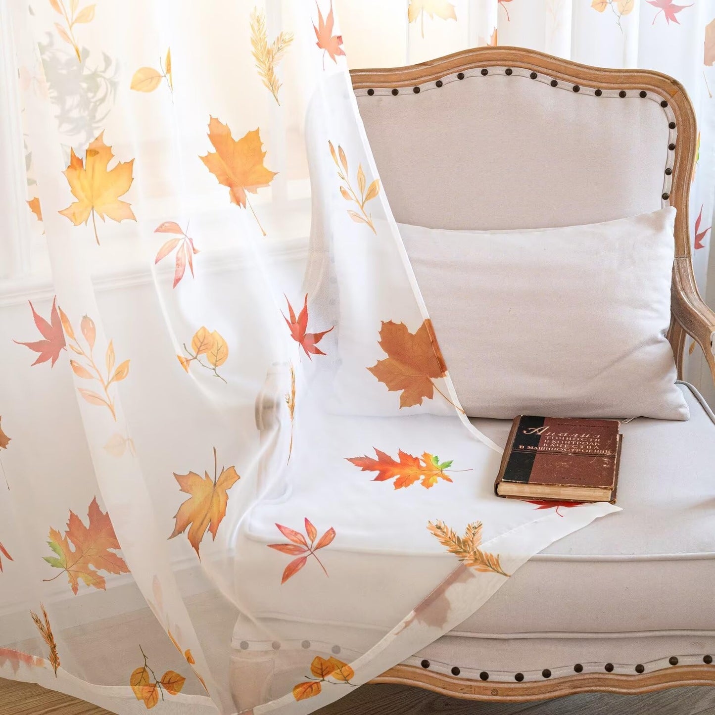 youleyar Fall Sheer Curtains for Living Room 63 Inches Long 2 Panels Orange Semi-Sheer Curtain with Maple Leaves Printed Pattern Fall Rod Pocket Voile Drapes for Bedroom, 52" W x 63" L