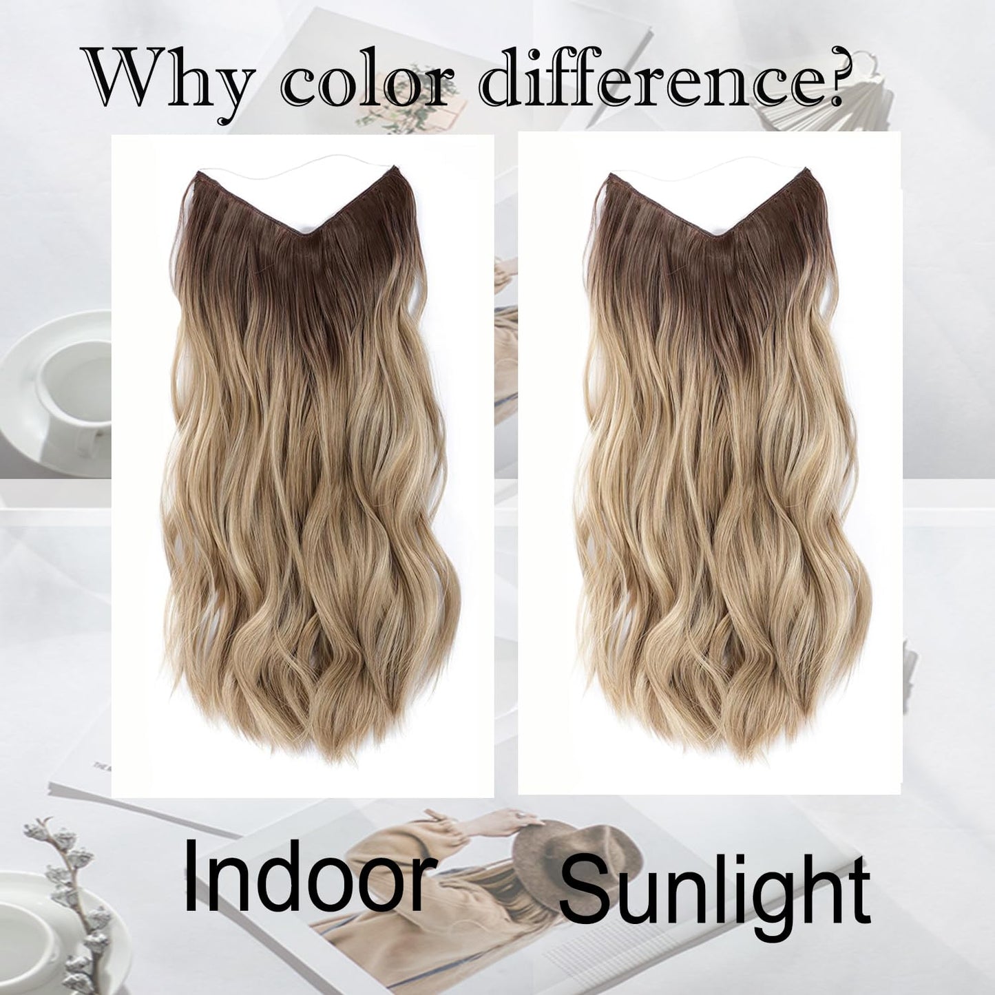 Ms TAj Halo Hair Extensions clip in hair extensions Natural Blonde with Dark Root 20 inch with Adjustable Size Removable Clips Invisible Secret Synthetic Hairpiece for Women