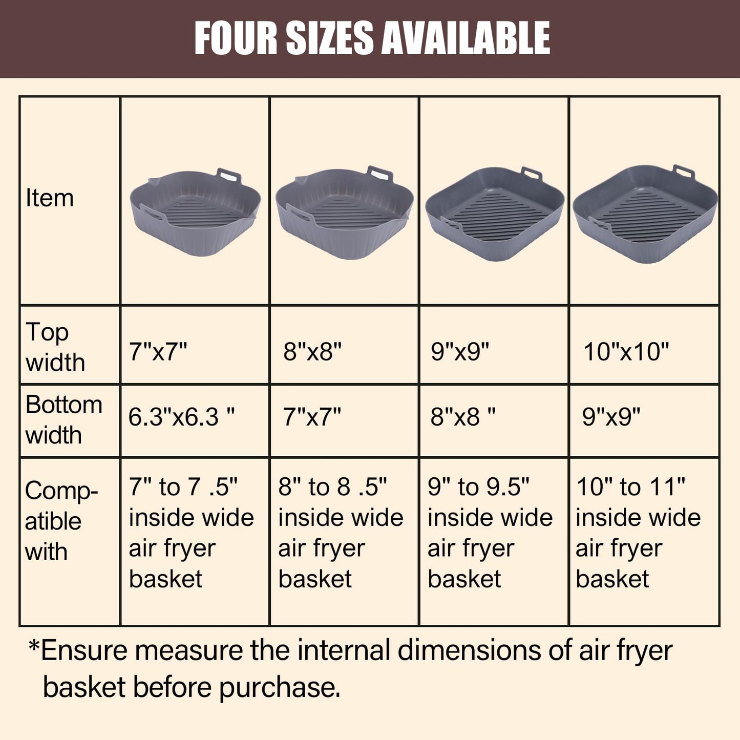Silicone Liners Square for Air Fryer, 2 Pcs Non-stick Food-grade Reusable Basket Silicone Pot Baking Tray Airfryer Accessories, Top Size 8 inches, Bottom Size 7 inches