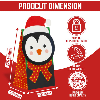 Iconikal Christmas Die-Cut Flip Over Gift Bags, 20-Count - Cute Holiday Treat Bags with Festive Animal Designs