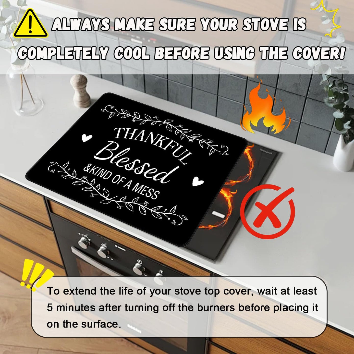 Funny Stove Top Cover for Electric Stove, Black Range Covers, Thanksgiving Range Top Mats, Thankful Blessed Cooktop Cover 28x20 inch, Glass Cooktop Covers for Kitchen Holiday Home Decor