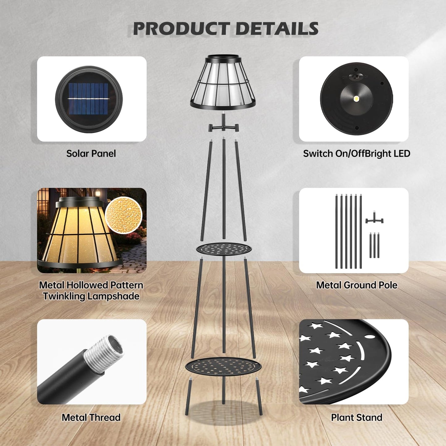 Solgicar 2 Pack Solar Lights with Plant Stands, 45.4'' Waterproof Outdoor Metal Solar Floor Lamps for Patio Deck Yard Pathway Porch Garden