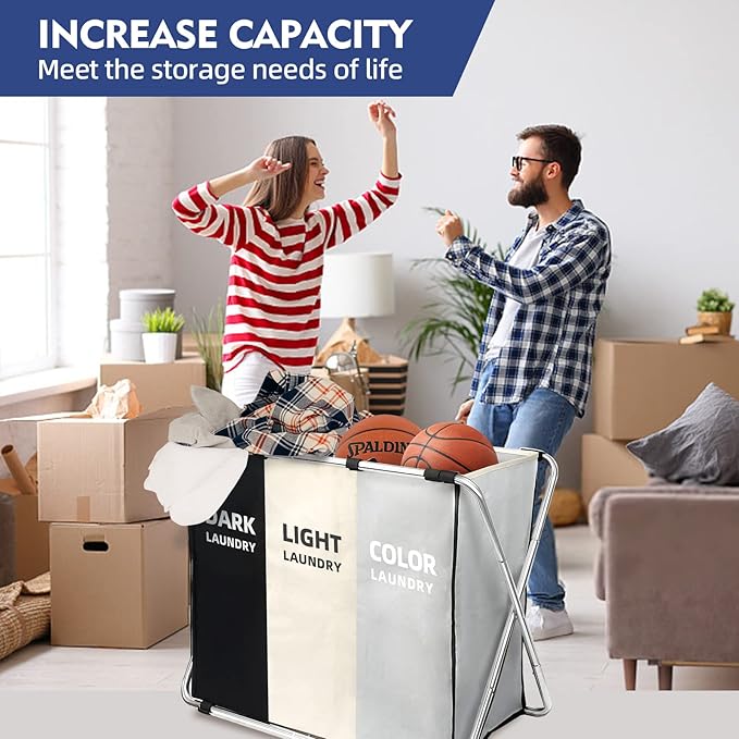 Laundry Cloth Hamper Sorter Basket Bin Foldable 3 Sections
