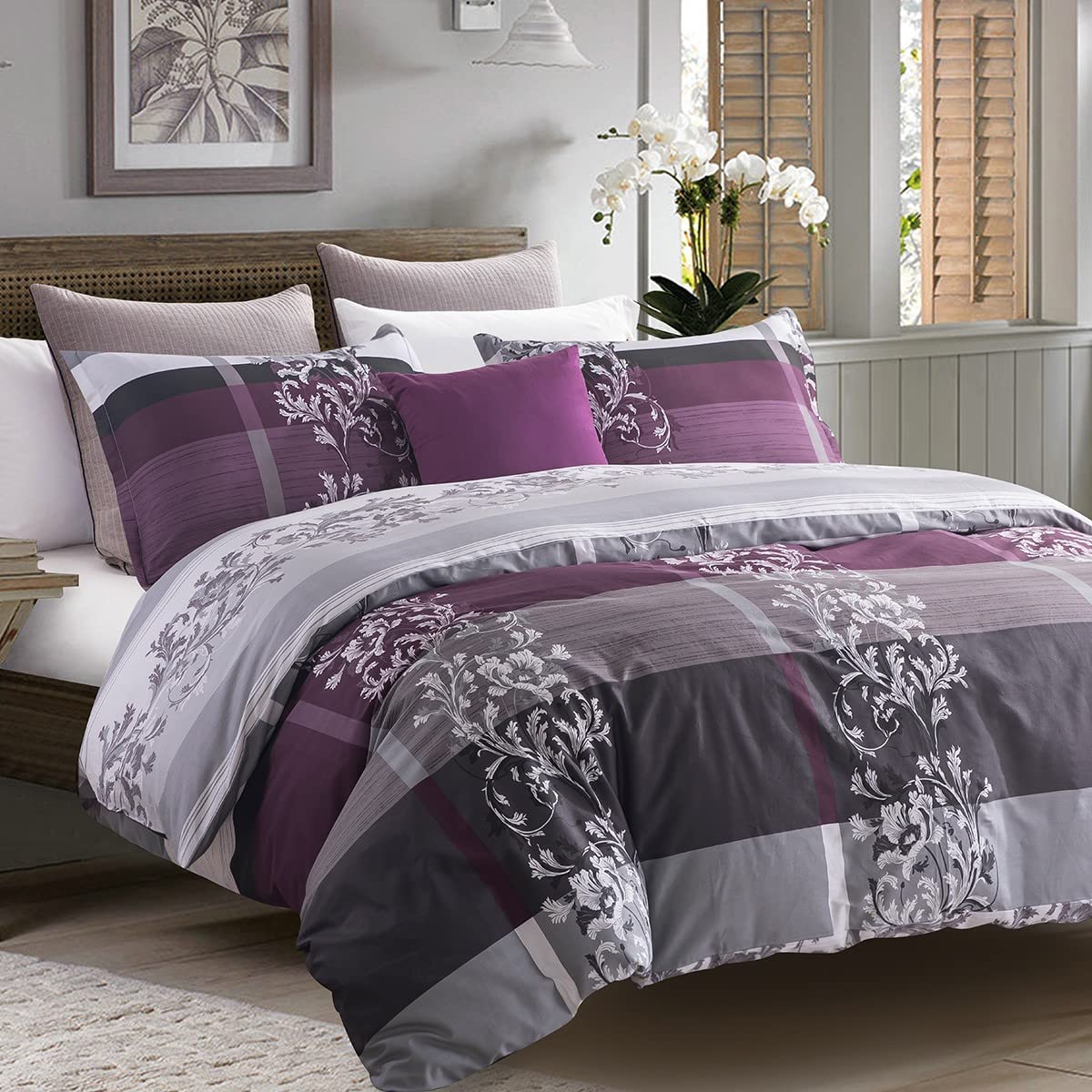 SLEEPBELLA Comforter Queen Size, 600 Thread Count Cotton Grey Paisley & Purple Comforter Sets, Down Alternative Bedding Set 3Pcs(Queen, Purple Paisley)
