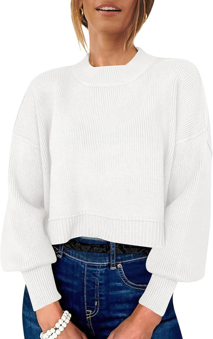 ANRABESS Womens Cropped Sweaters Oversized Crewneck Long Batwing Sleeve Side Slit Ribbed Knit Pullover Tops 2025 Fall Clothes
