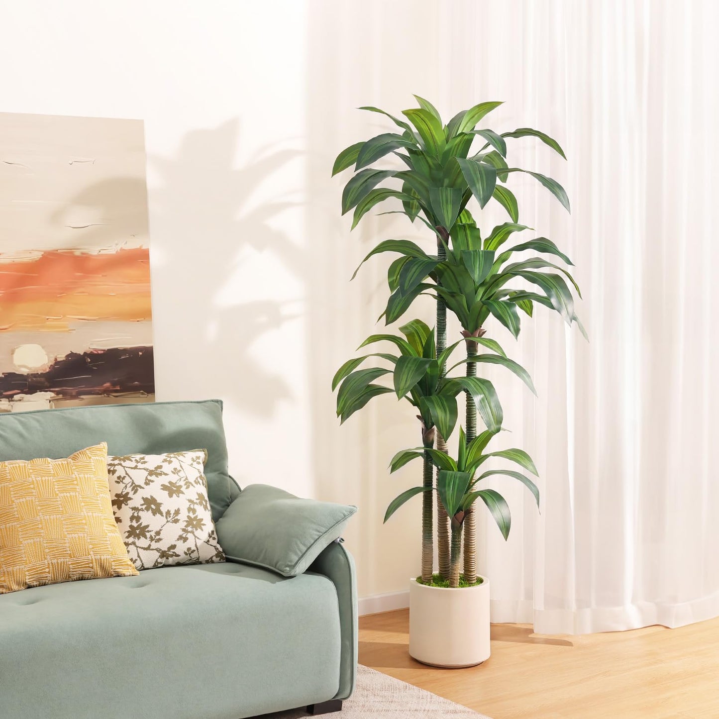 OAKRED Artificial Dracaena Tree 6ft, Tall Fake Dracaena Plants with White Planter, Faux Dragon Tree Indoor Floor Plant for Home Decor Office Living Room Porch Housewarming, 1Pcs