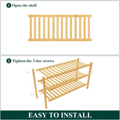 Smiry Bamboo Shoe Rack for Closet, 3 Tier Wooden Stackable Shoe Organizer, Free Standing Shoes Storage Shelf for Entryway, Front Door Entrance, Natural