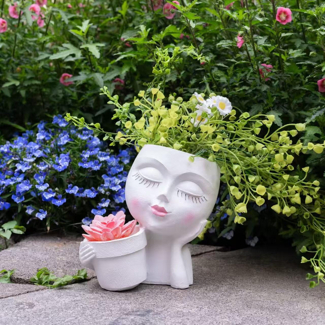 Lady Face Planter Pots Head - Double Cute Planters for Indoor Plants, Flower & Succulent with Drainage Holes, Novelty Head Plant Pot for Home Garden Succulents Cactus White