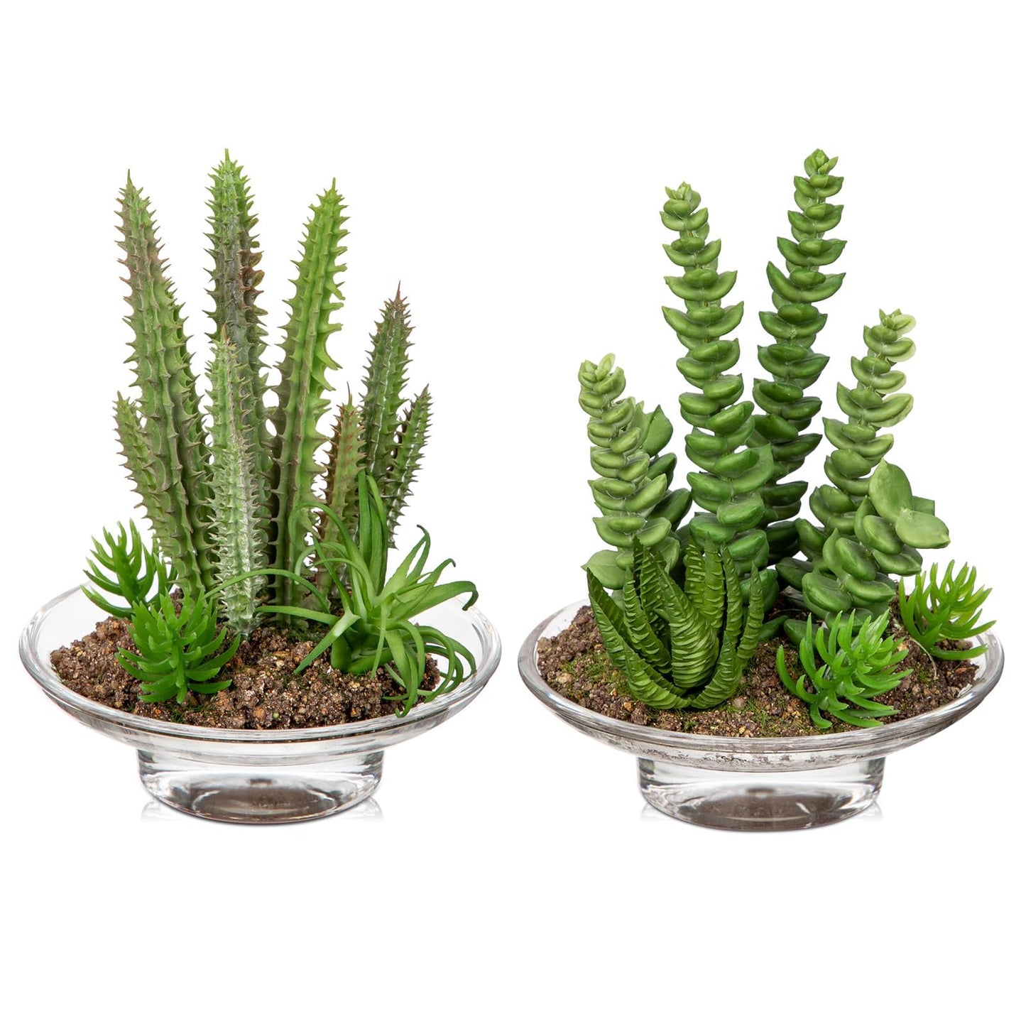 Set of 2 Succulents Plants Artificial cactus in Glass Pot with Realistic Featuring Sand Moss, Small Fake Succulents Plants Faux Plants Indoor for Home Office Desk Bathroom Shelf Living Room Decor