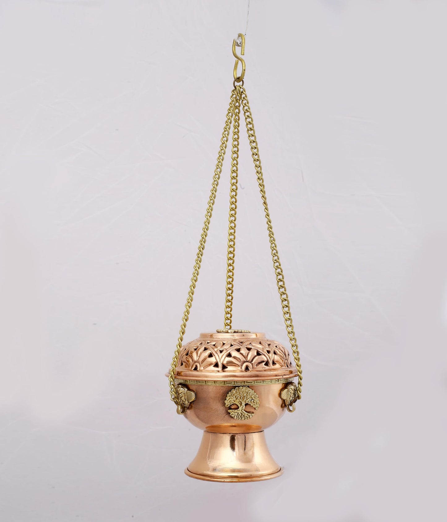 Indian Consigners Copper Altar Incense Charcoal Burner Holder with Chain (Tree of Life)
