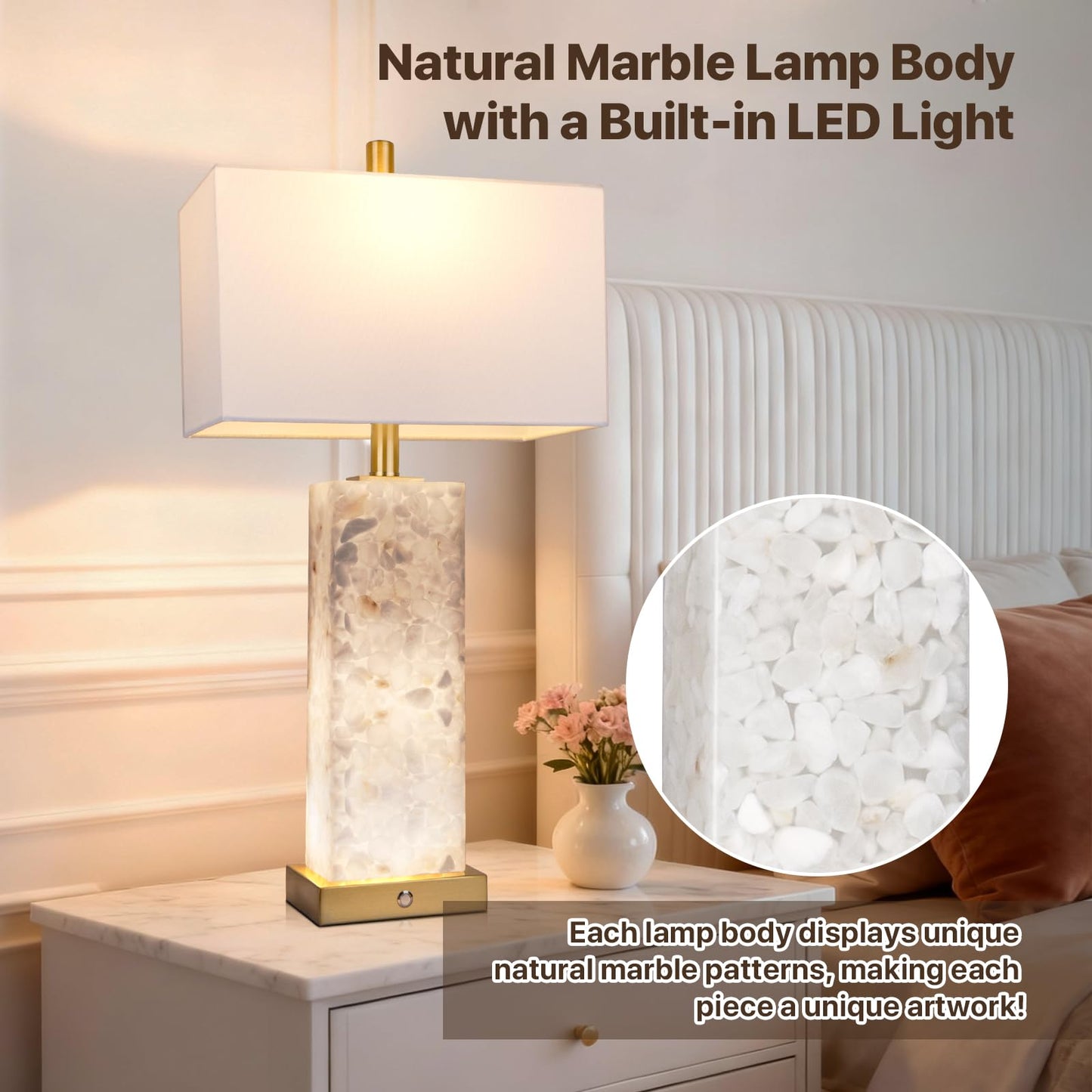 2-Pack 25.6" Alabaster Lamps, Marble Lamp Nightstand Lamps Set of 2, 3-Color Temperatures Bedside Lamps with Nightlight, Modern Table Lamp with USB Ports for Living Room Bedroom Hotel, Bulbs Included