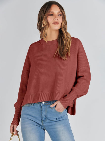ANRABESS Womens Cropped Sweaters Oversized Crewneck Long Batwing Sleeve Side Slit Ribbed Knit Pullover Tops 2025 Fall Clothes