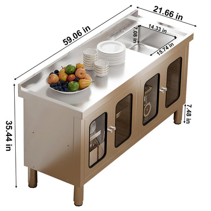59" Stainless Steel Sink with Cabinet, Utility Sink with 304 Stainless Steel Worktop and 4 Transparent Doors, Commercial Kitchen Sink for Outdoor Restaurant Cafe Garage and Laundry Room