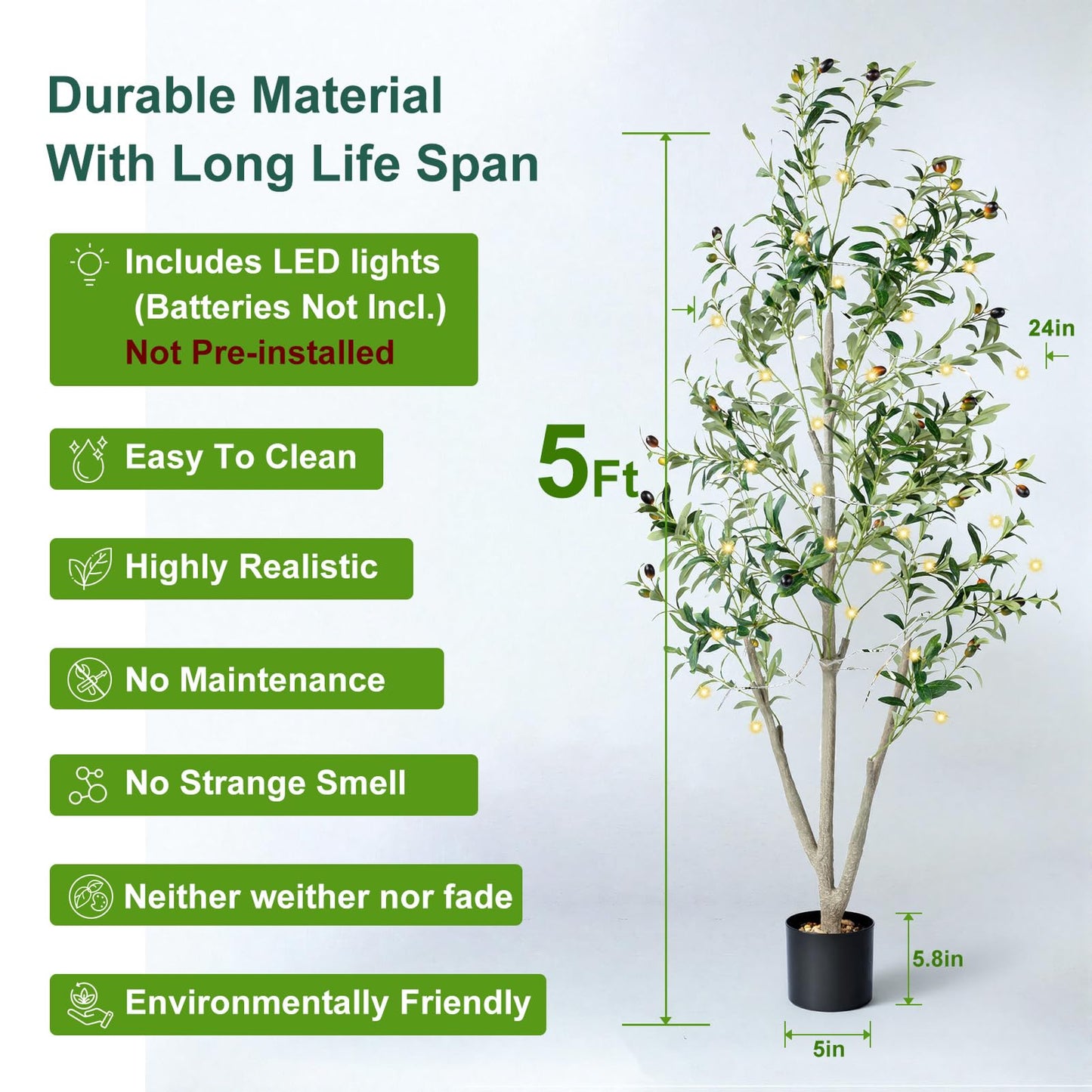 Olive Trees Artificial Indoor, 5FT Tall Faux Olive Tree with Moss and Planter, Artificial Plants Indoor with Natural Wood Trunk and Lifelike Fruits, Fake Tree for Home Office Living Room Decor