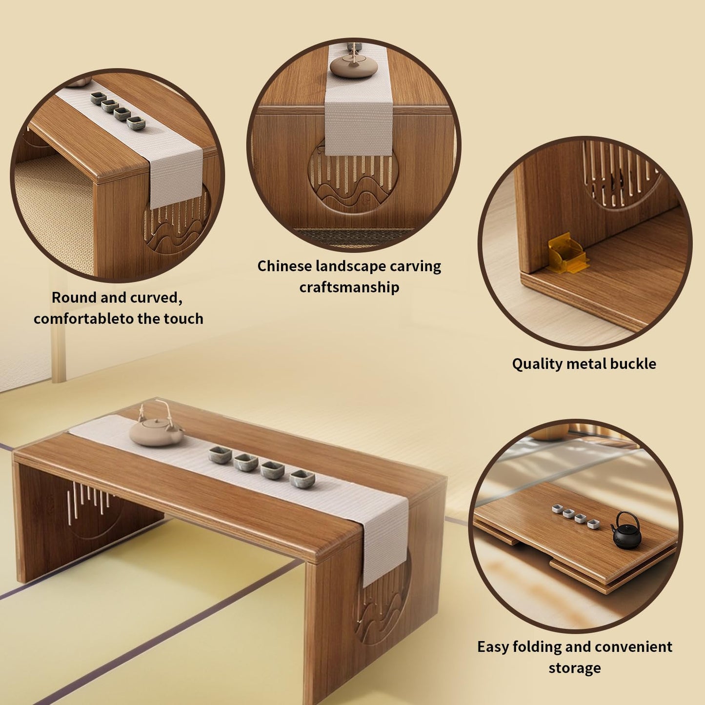 teyeard Japanese Folding Coffee Table, Foldable Low Coffee Tables, Bamboo Floor Table Desk for Sitting on The Floor, No Assembly, Portable Living Coffee Table (39.4 Inch)