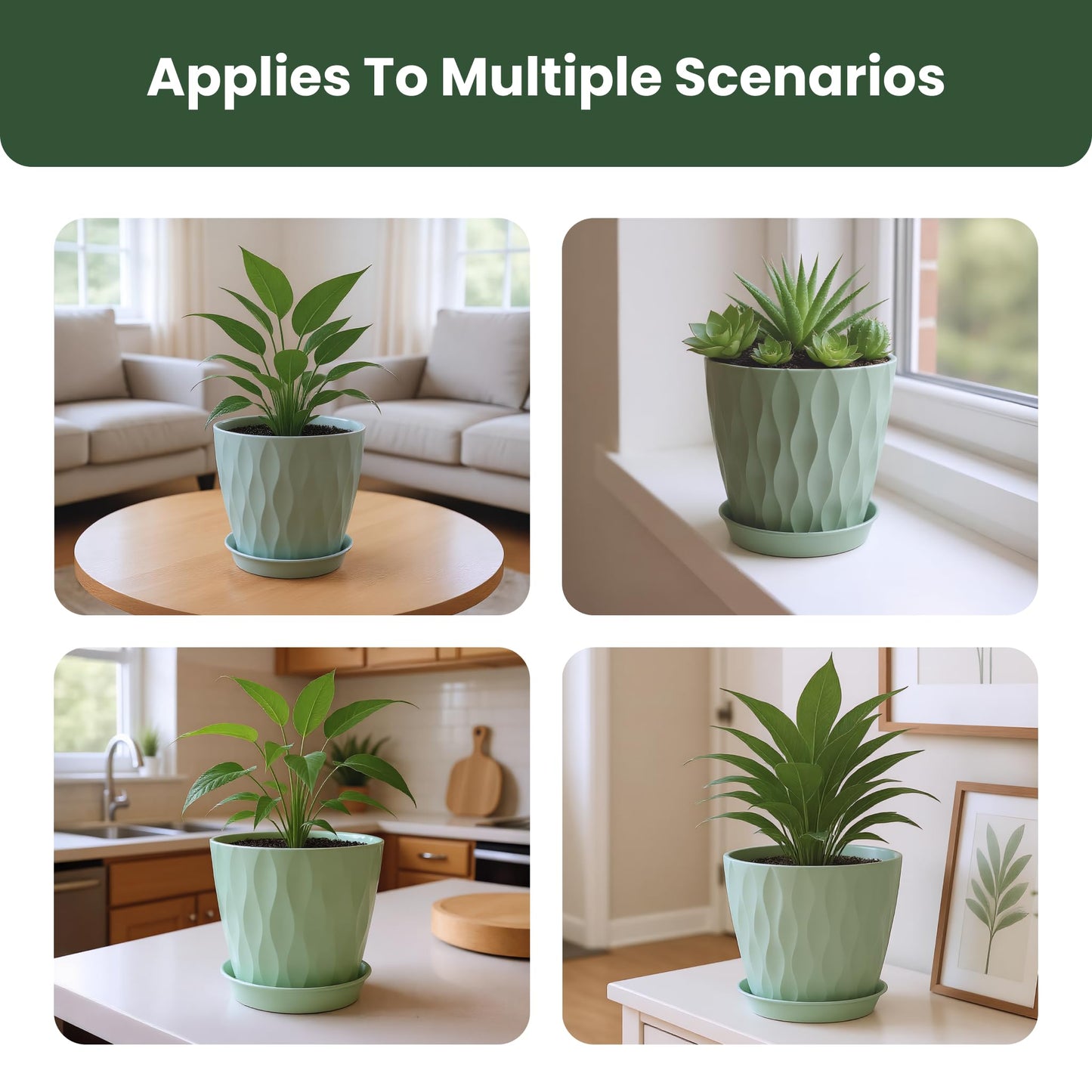 LESOASIS Plastic Plant Pots, 7/6.5/6/5.5/5/4.5/4 inch Flower Pots with Drainage Holes and Trays, 7 Pack Planter for Indoor Outdoor Plants (Green)