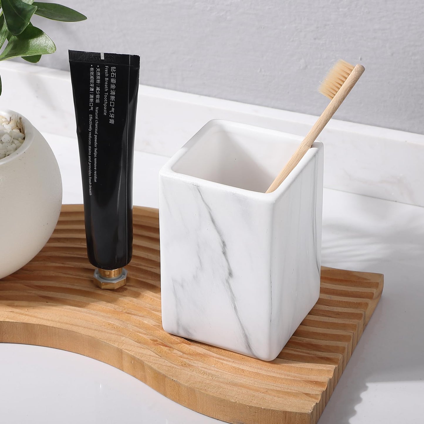 Marble Square Toothbrush Holders - Ceramic Tooth Brushing Holders, Toothbrush Cup, Toothpaste Organizer for Bathroom Countertop, Makeup Brush Holder, Pen Holder for Home Desktop Storage